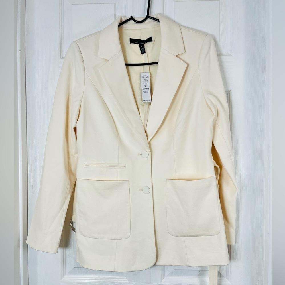 White House Black Market Cream Double Pocket Belted Blazer Size 6